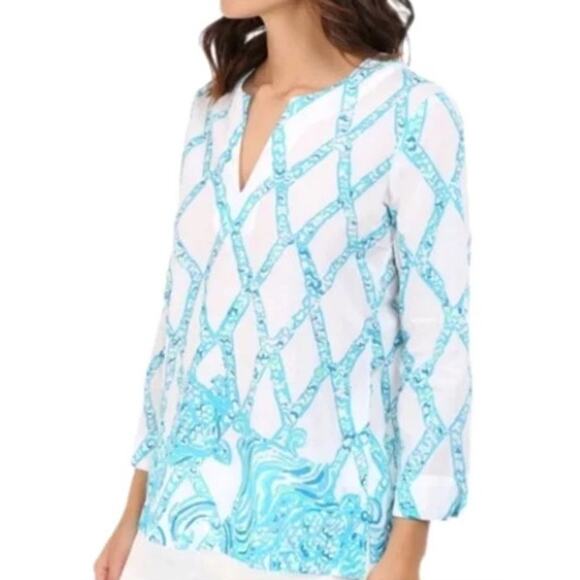Lilly Pulitzer White Turquoise Amelia Island Tunic Turtle Cove Lattice Sheer XS - Picture 1 of 9